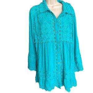 URBAN MANGOZ Vibrant Turquoise Lace embroidered Long Sleeve